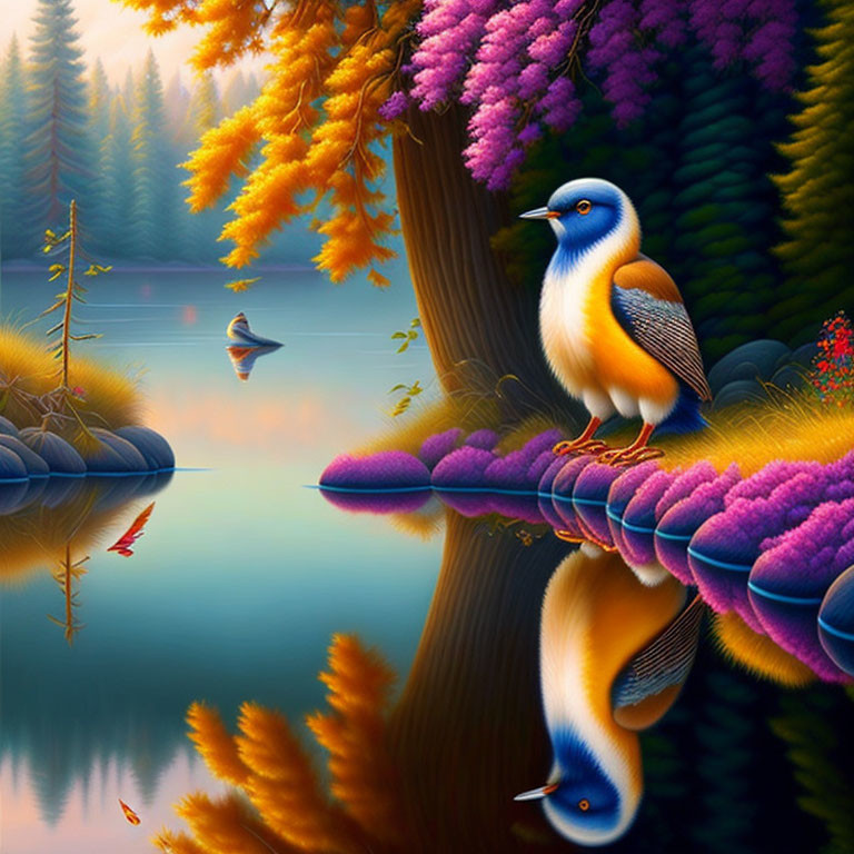 Colorful bird digital artwork on purple branch with lake and autumn trees