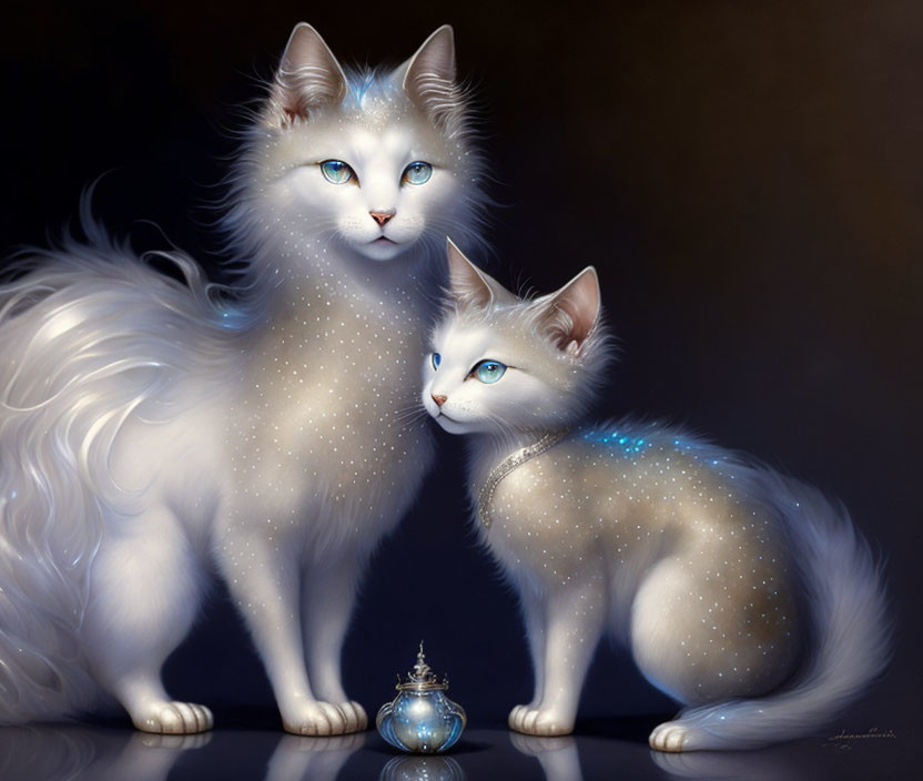 White fluffy cats with blue eyes and star-like fur patterns next to ornate bottle