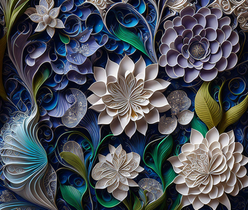 Layered paper-cut style flowers on textured dark blue and green background