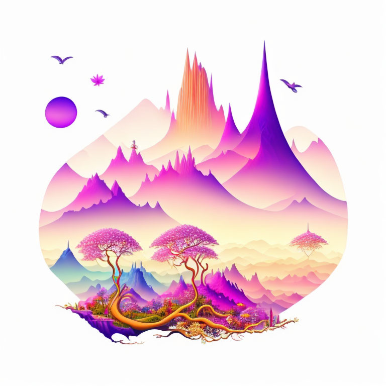 Vibrant purple mountains and whimsical trees in surreal landscape