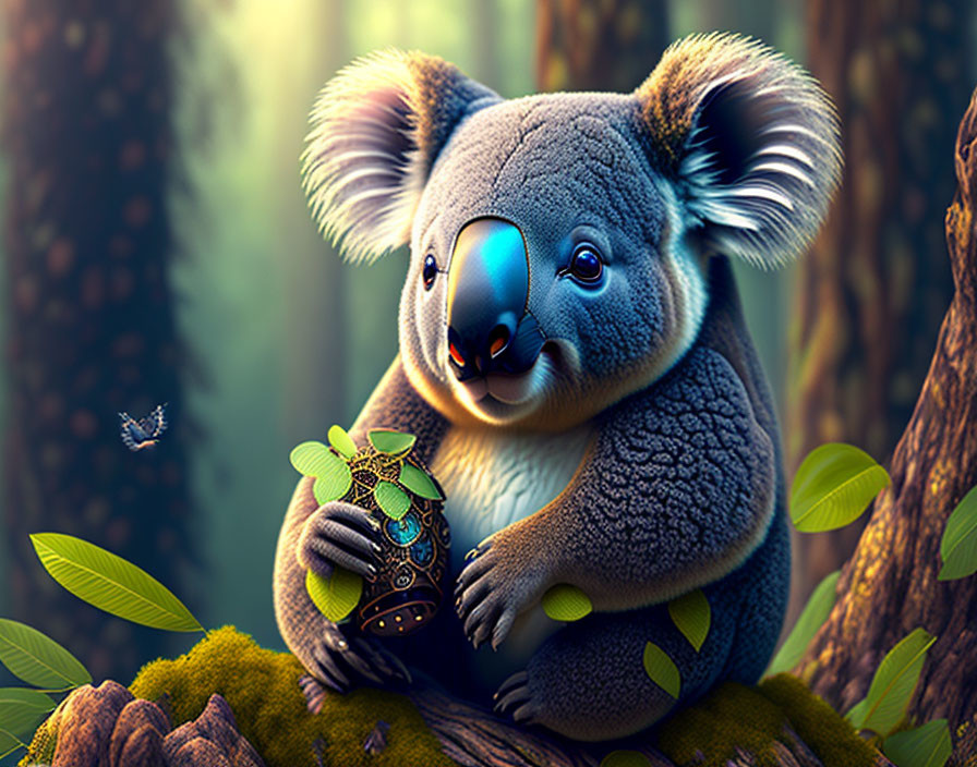 Illustrated koala with blue nose on branch with butterfly in lush green forest.