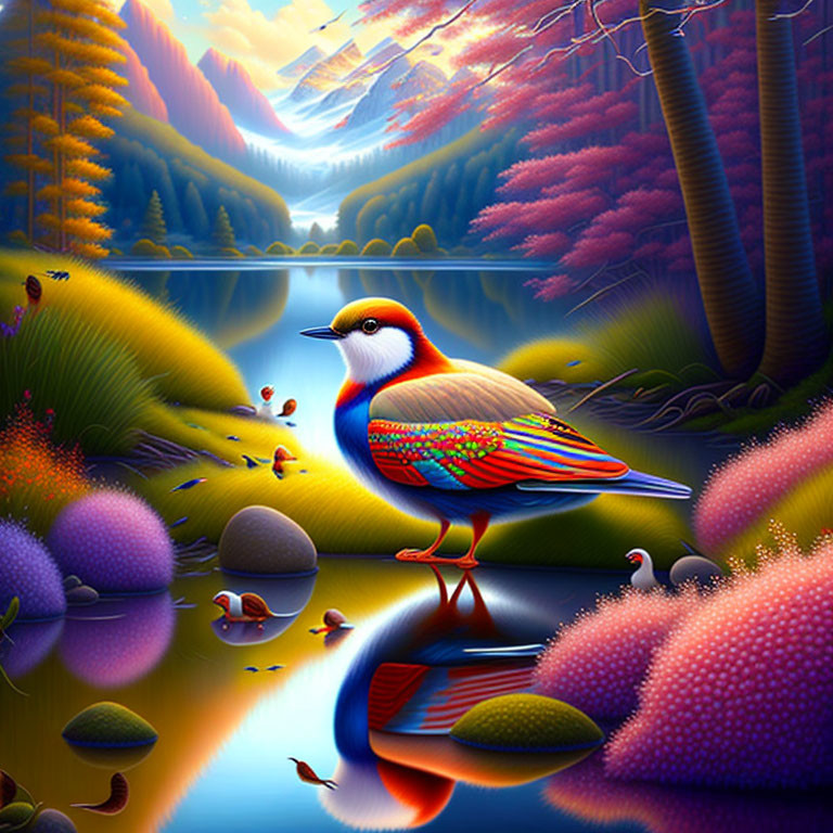 Colorful Stylized Bird by Reflective Lake and Vibrant Trees