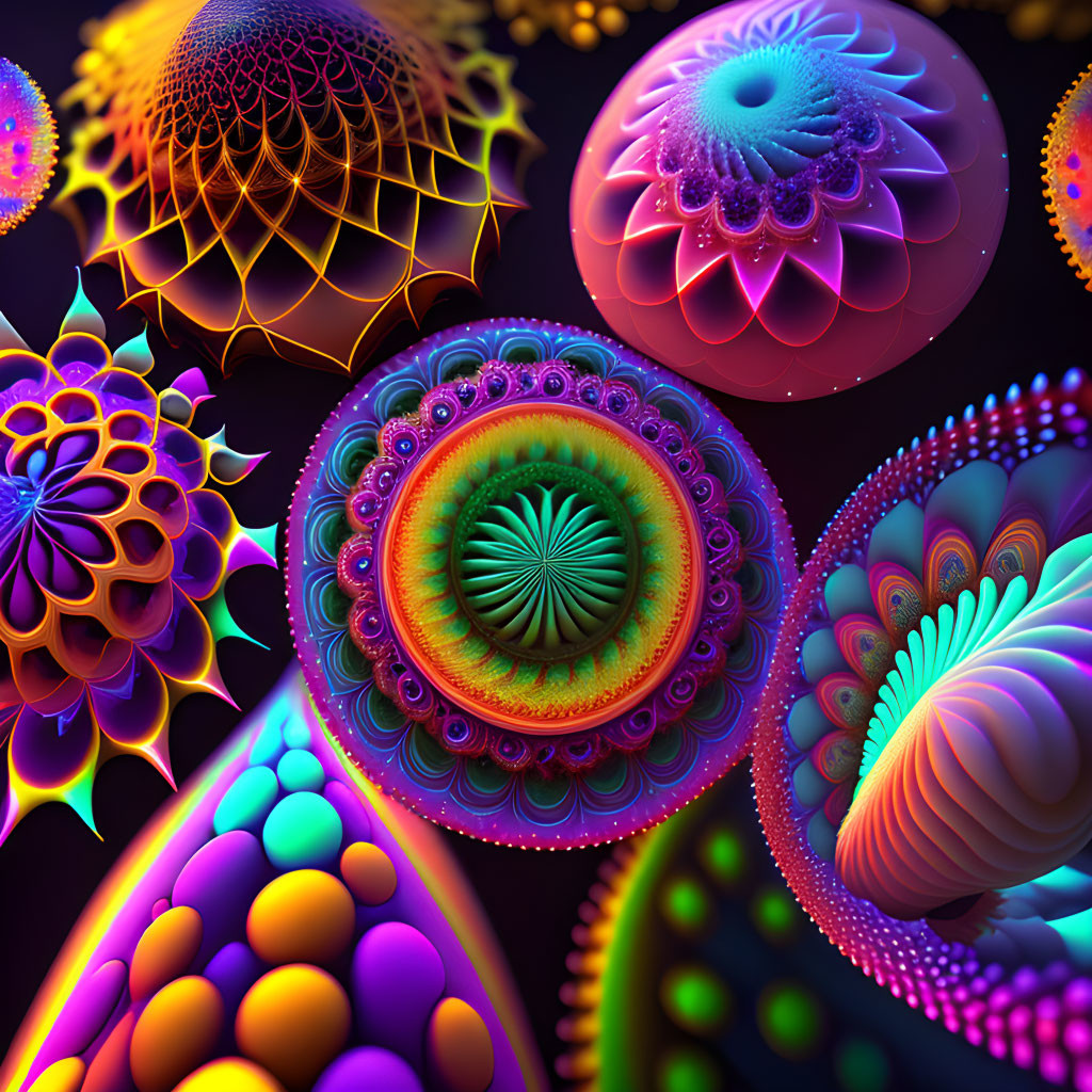 Colorful Fractal Marine Life Patterns on Dark Background