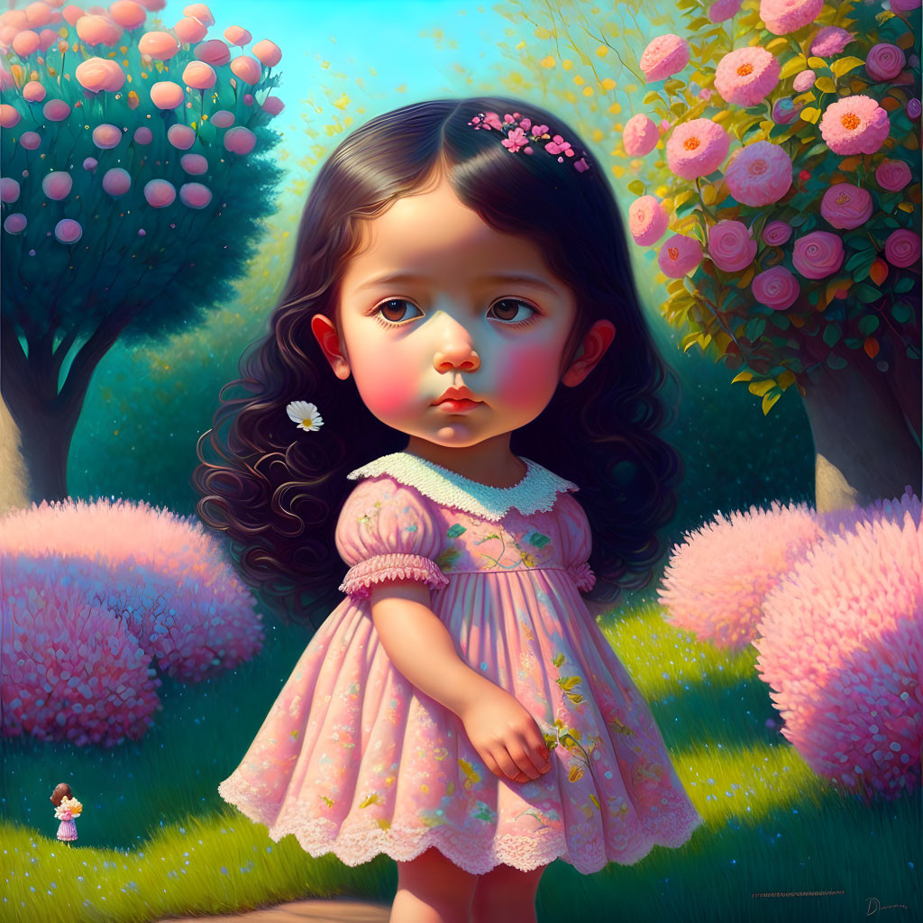 Vivid digital illustration: young girl in pink dress with blooming garden background