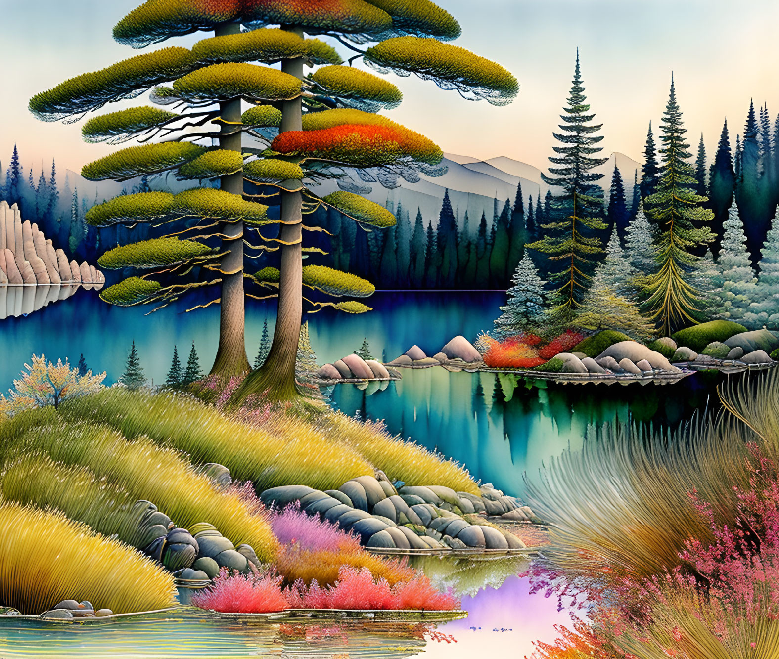 Colorful landscape with exaggerated pine trees, serene lake, and distant mountains.