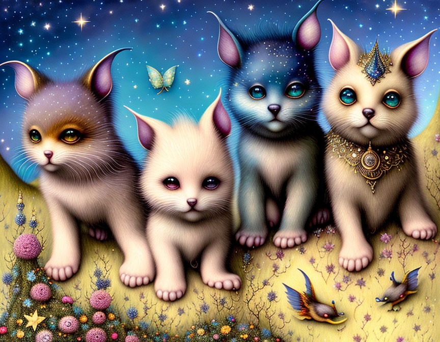 Whimsical colorful cats with expressive eyes and fantasy elements