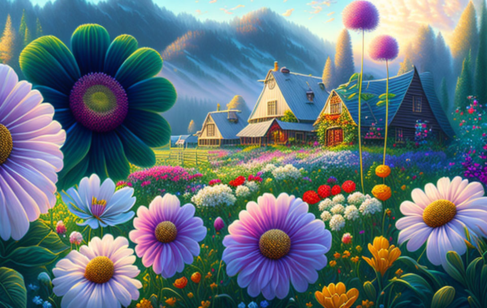 Whimsical cottage with oversized flowers and misty mountains