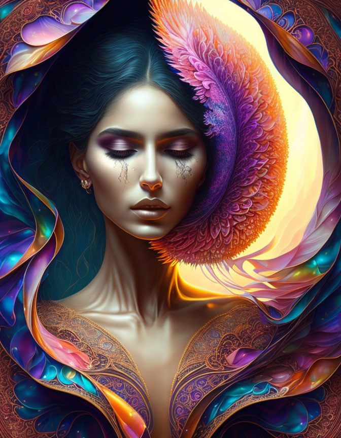 Colorful digital art portrait of a woman with swirling feather-like patterns.