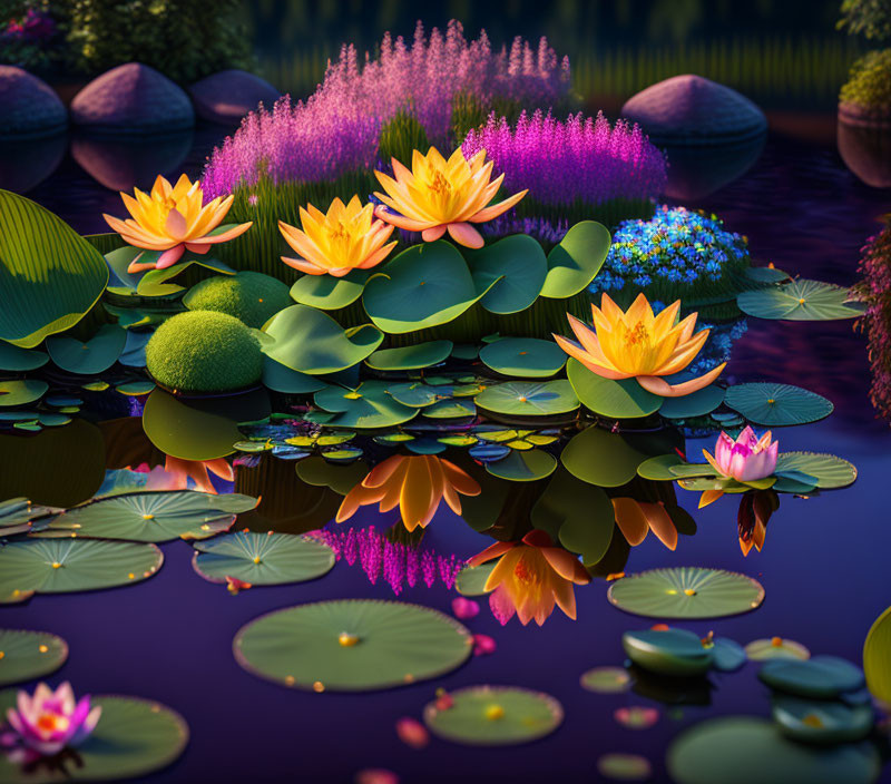 Tranquil pond with water lilies, rocks, shrubs in soft light