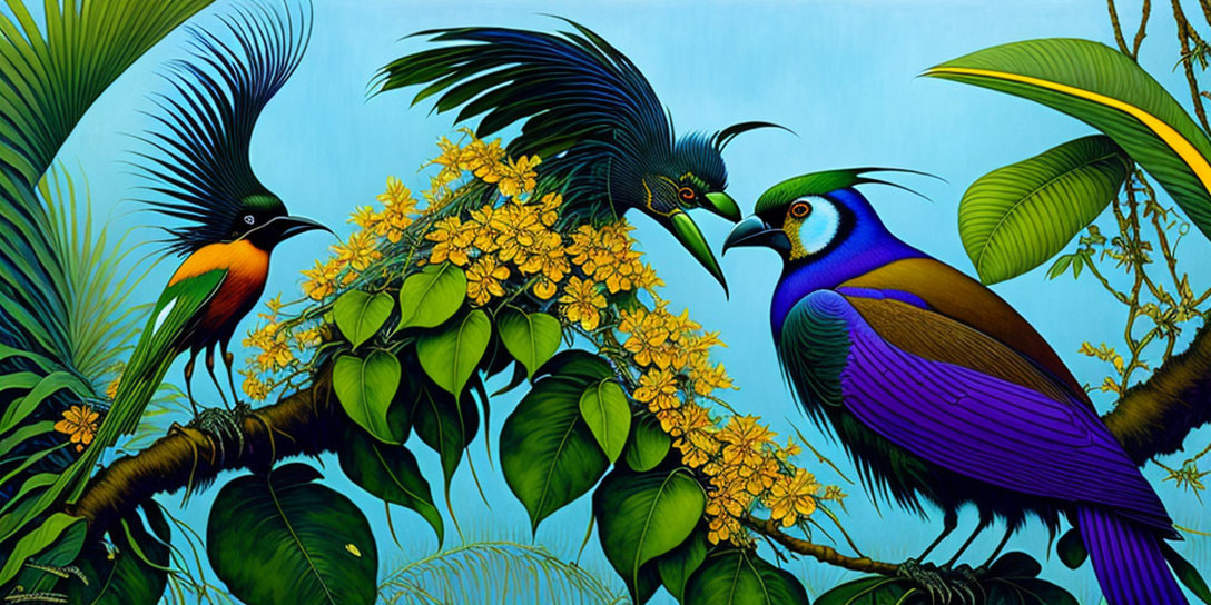 Colorful exotic birds in lush greenery and yellow flowers on blue sky