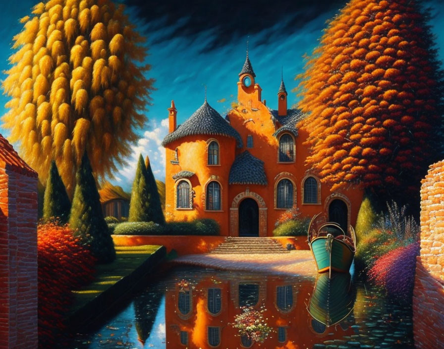 Surreal painting: Orange villa, autumn trees, pond, dramatic sky