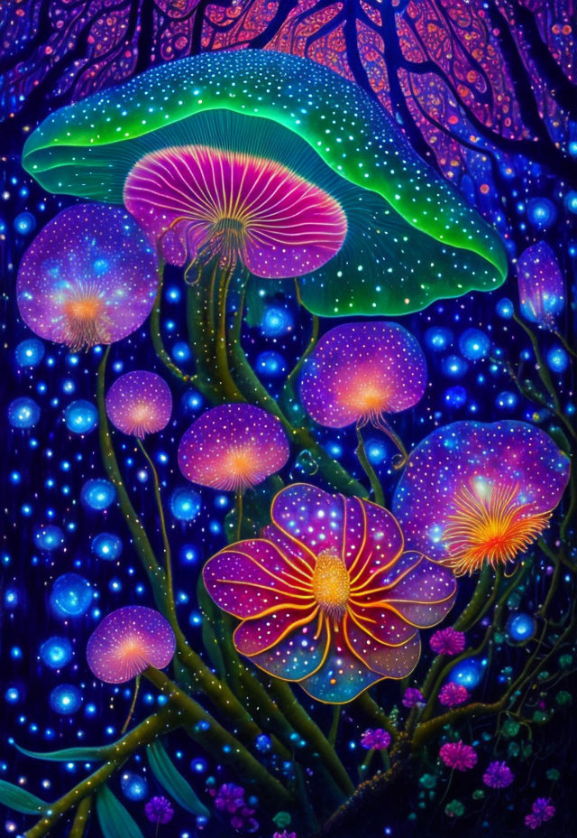 Colorful psychedelic art: Mushrooms, flowers, and intricate patterns on dark backdrop.