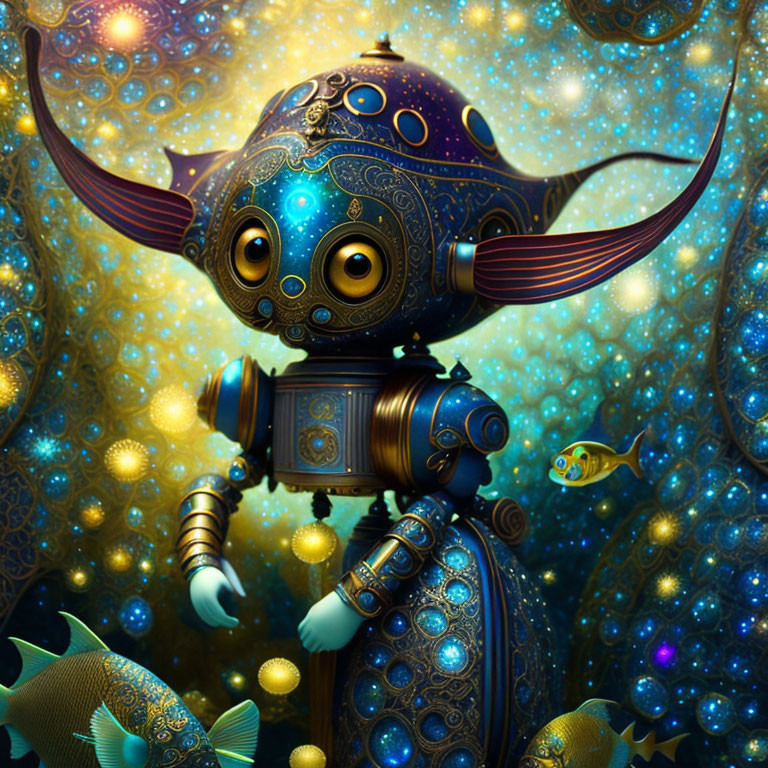 Detailed Steampunk-Style Robot in Underwater Scene