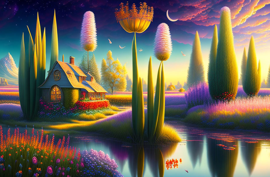 Whimsical landscape with cottage, colorful plants, serene waters, purple sky