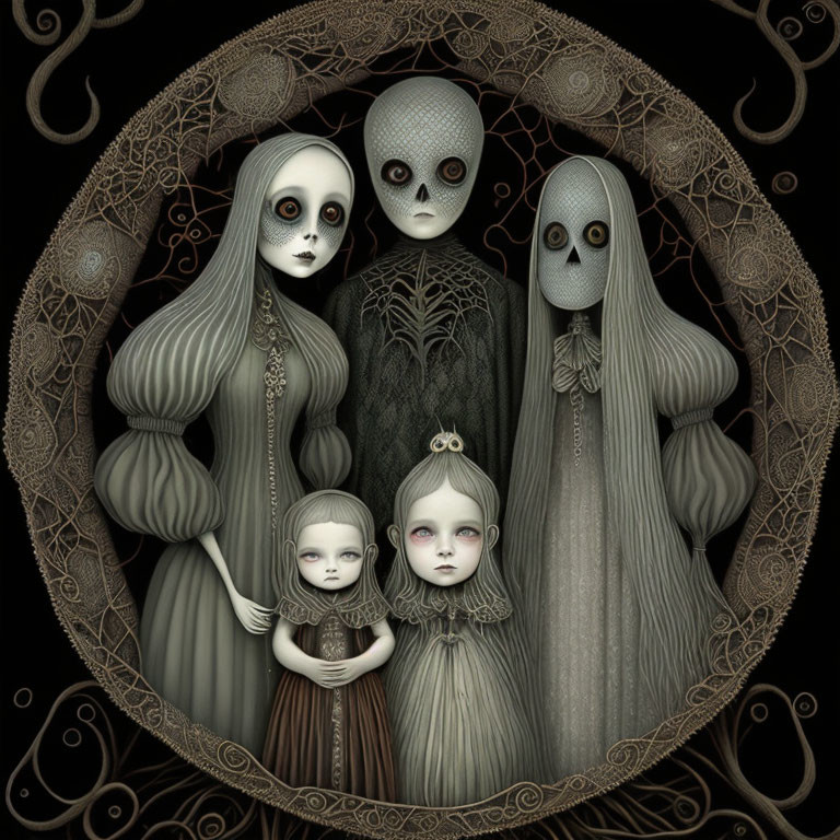 Gothic-style family illustration with skull-like faces and vintage attire.