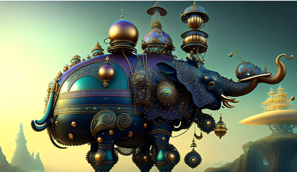 Mechanical elephant with intricate decorations in a dusky sky.