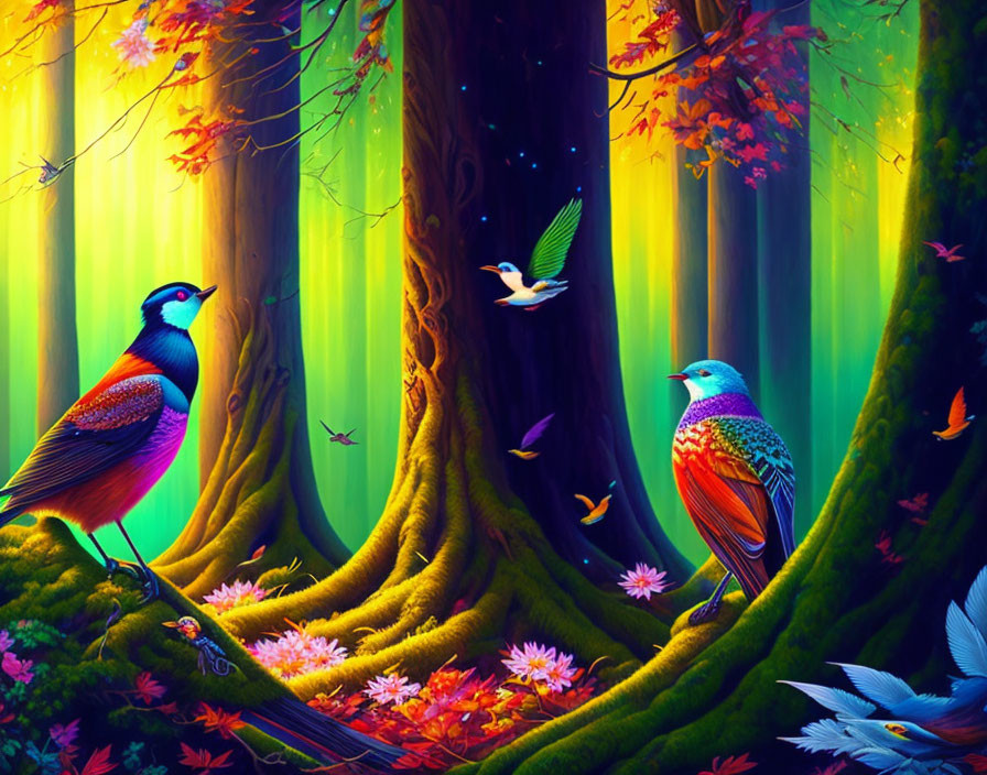 Colorful Birds, Glowing Butterflies & Neon-Lit Trees in Fantasy Forest