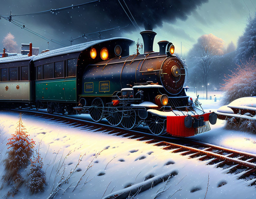 Vintage Train on Snow-Covered Tracks at Night