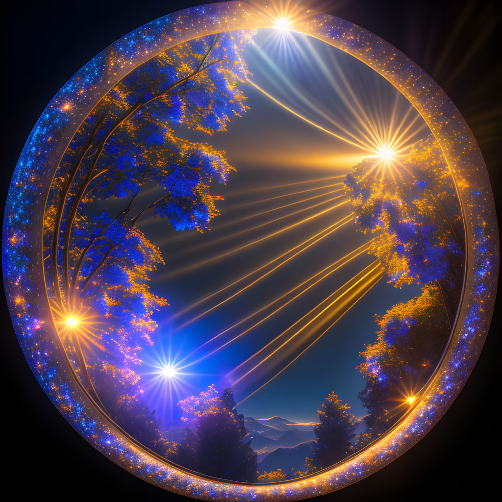 Circular cosmic-themed frame showcasing mountainous landscape at dusk with glowing trees and radiant light beams.