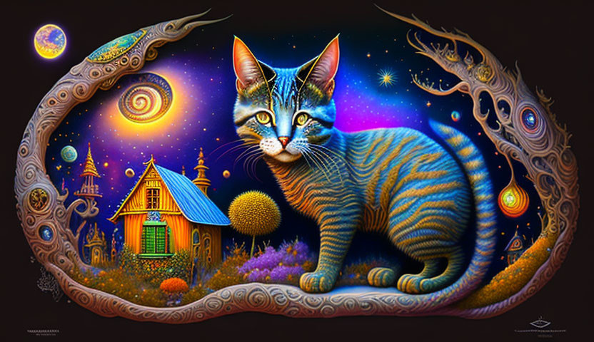 Colorful whimsical cat art with celestial elements