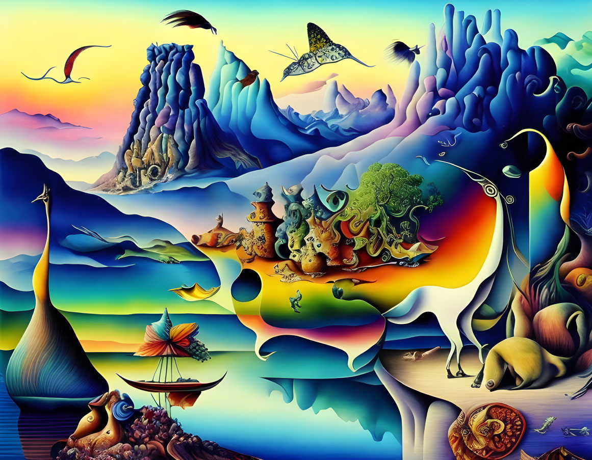 Colorful surreal landscape with peacock and fantastical creatures