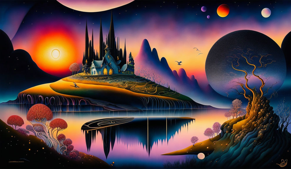 Surreal landscape with castle on hill, twilight sky, vibrant colors, whimsical trees, planetary