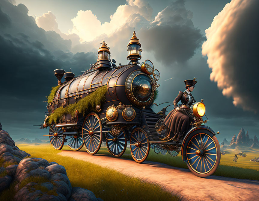 Steampunk train with brass detailing and large wheels in countryside scenery