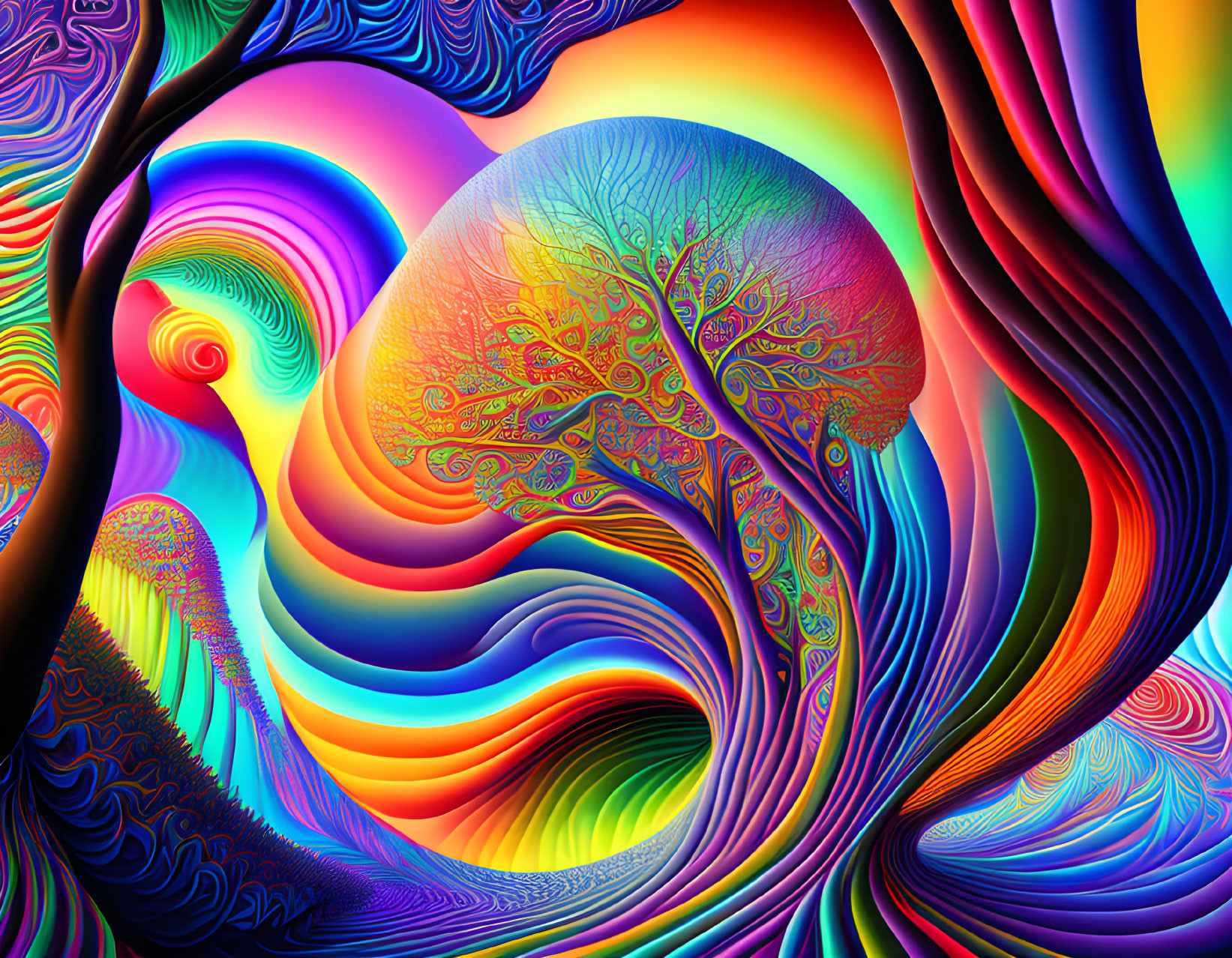 Colorful Psychedelic Digital Artwork: Heart Silhouette and Tree in Vibrant Swirls