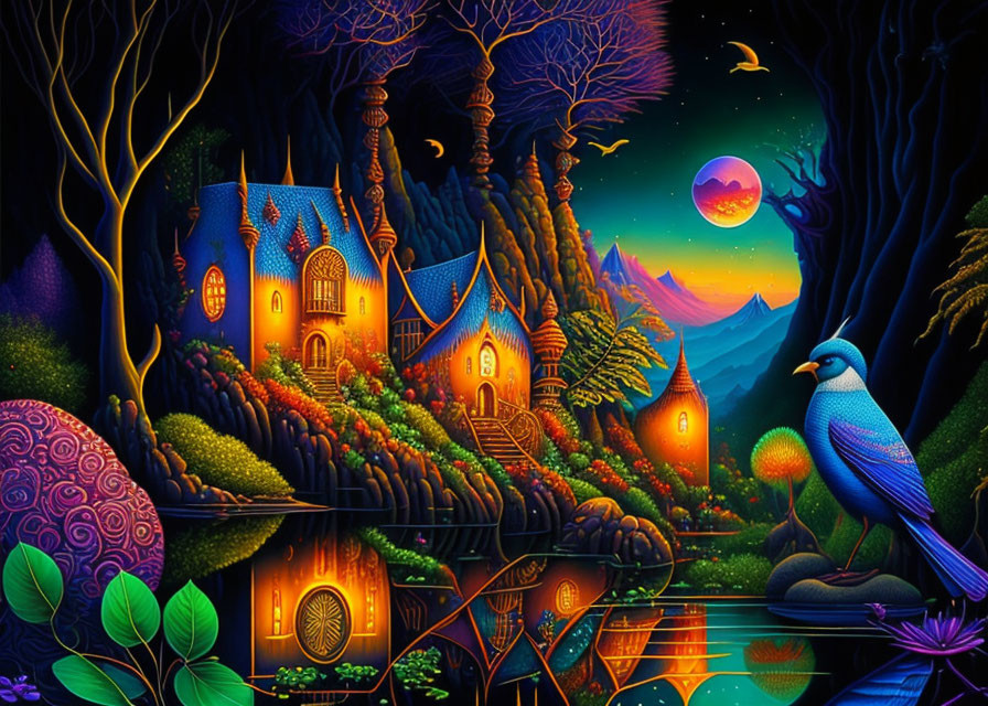 Whimsical night fantasy landscape with blue bird and purple sky