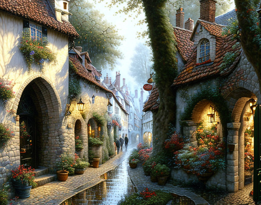 Charming cobblestone street in quaint village at dusk