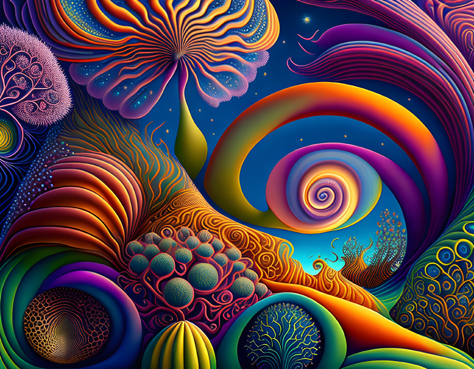 Colorful Psychedelic Artwork: Swirls, Florals, Textured Shapes