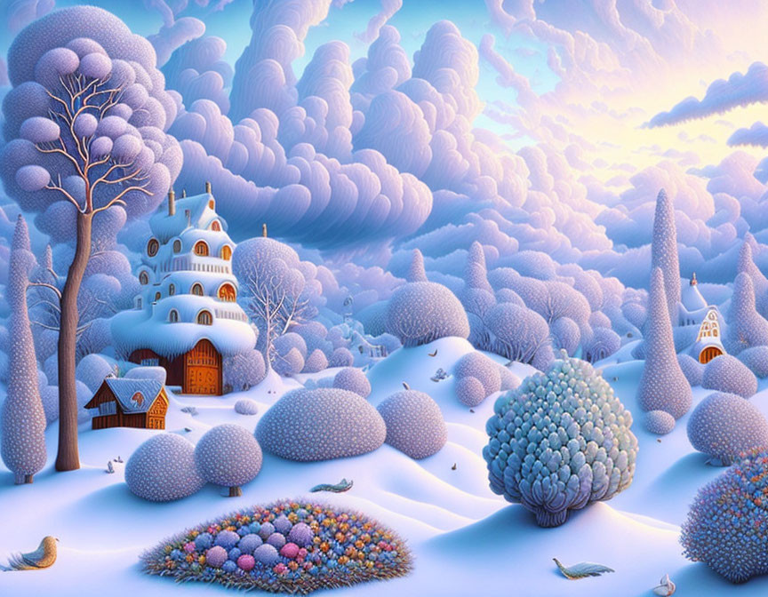 Whimsical winter landscape with rounded trees and buildings