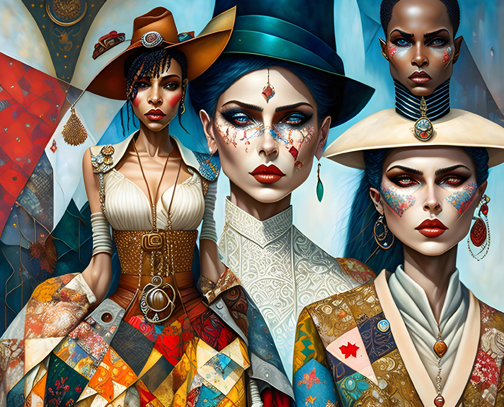 Stylized women with intricate makeup and Western-inspired fashion