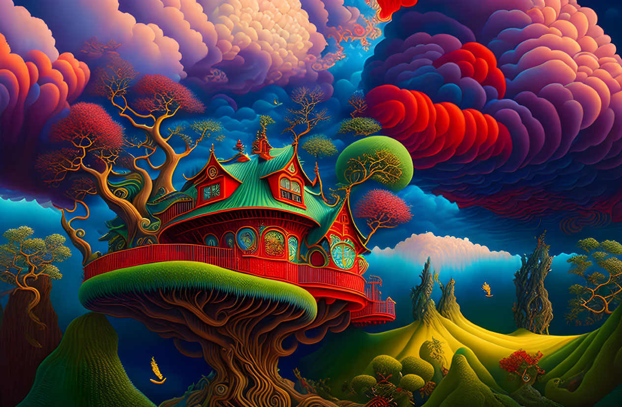 Colorful Fantasy Landscape with Red House on Giant Tree