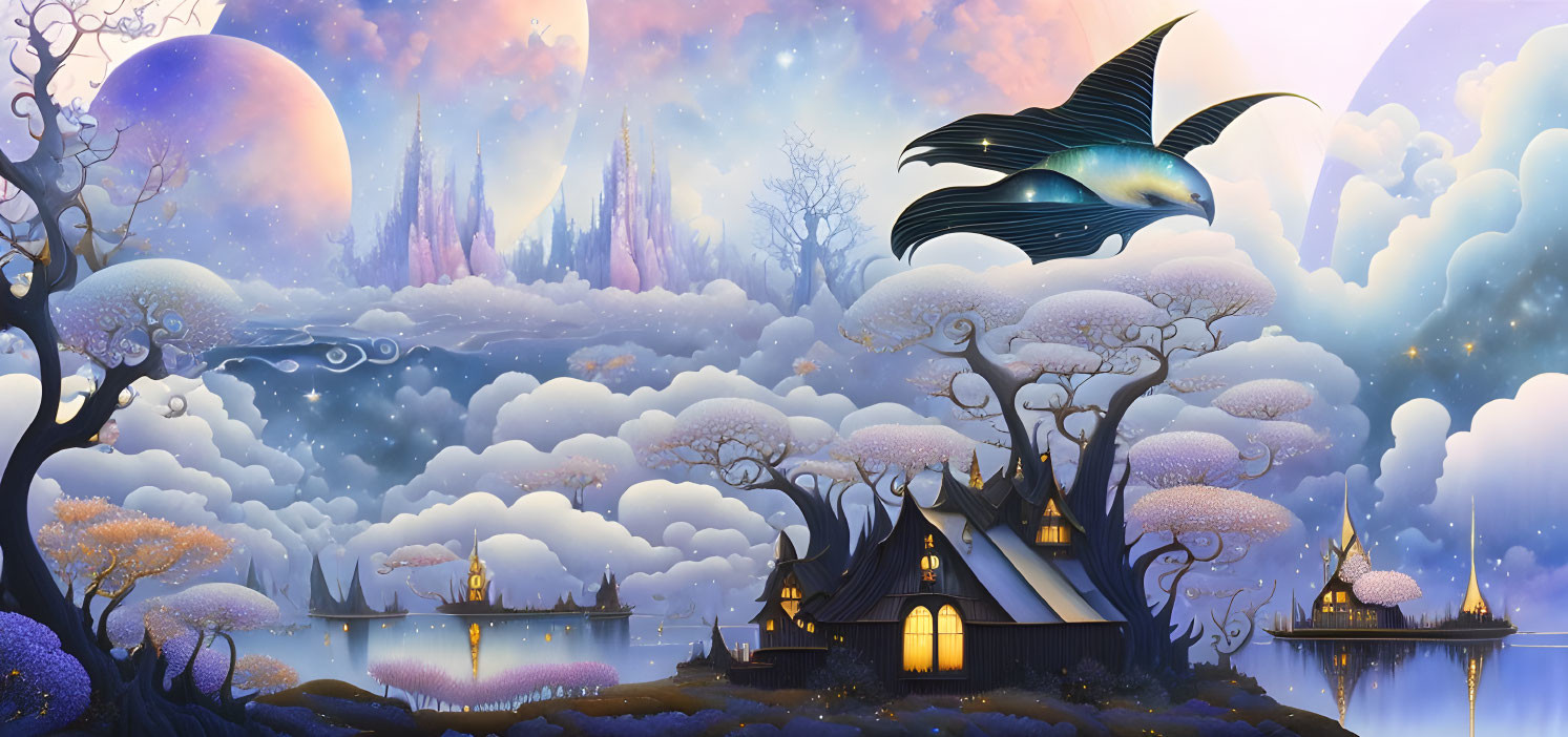 Fantasy landscape with flying whale, glowing cottages, serene lake