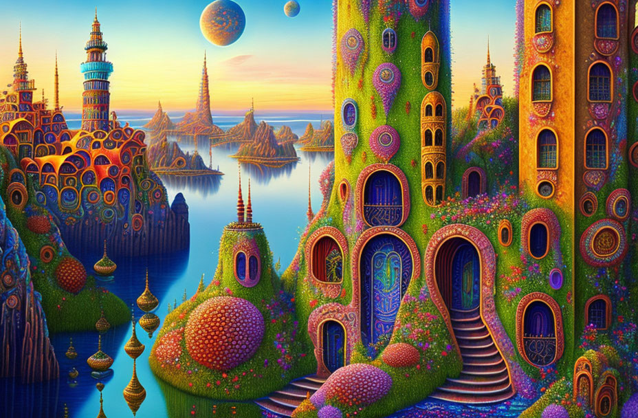 Colorful fantasy landscape with whimsical structures and floating orbs in serene setting.