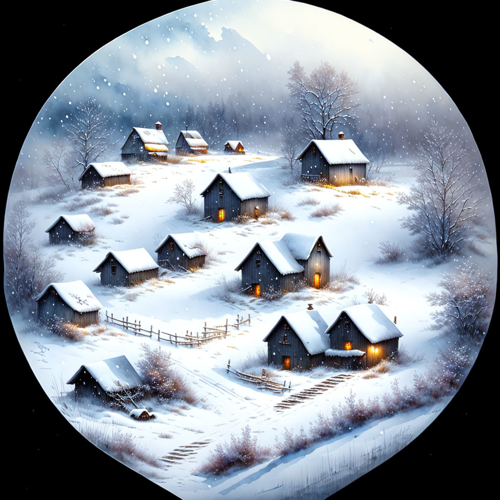 Snowy cottages in oval frame: Winter landscape with glowing windows & falling snowflakes