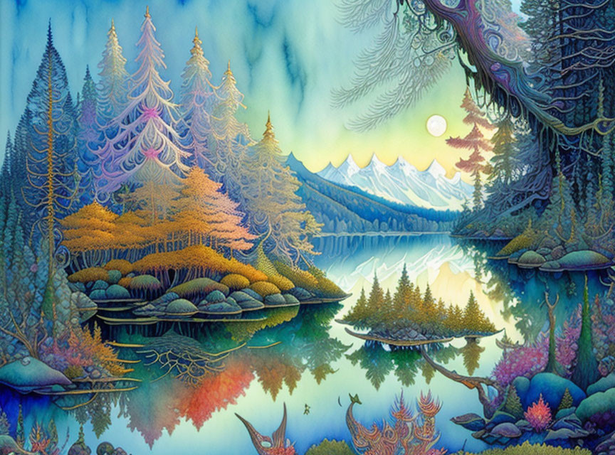 Detailed Forest Scene: Colorful Trees Reflecting on Calm Lake at Twilight