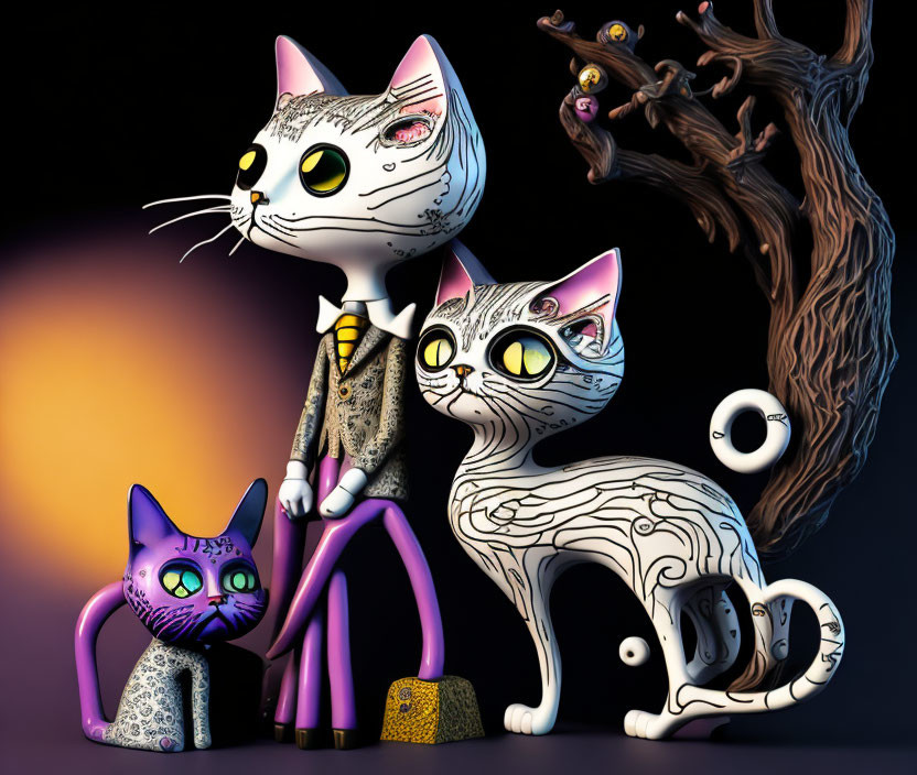 Stylized anthropomorphic cats in formal attire on dark background