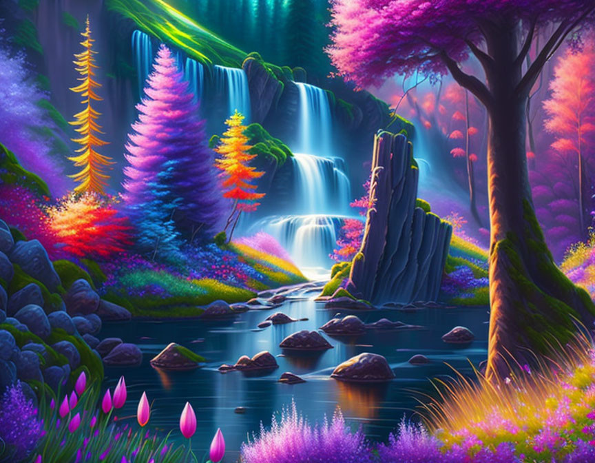 Colorful Fantasy Landscape with Waterfall, Trees, River, and Purple Sky