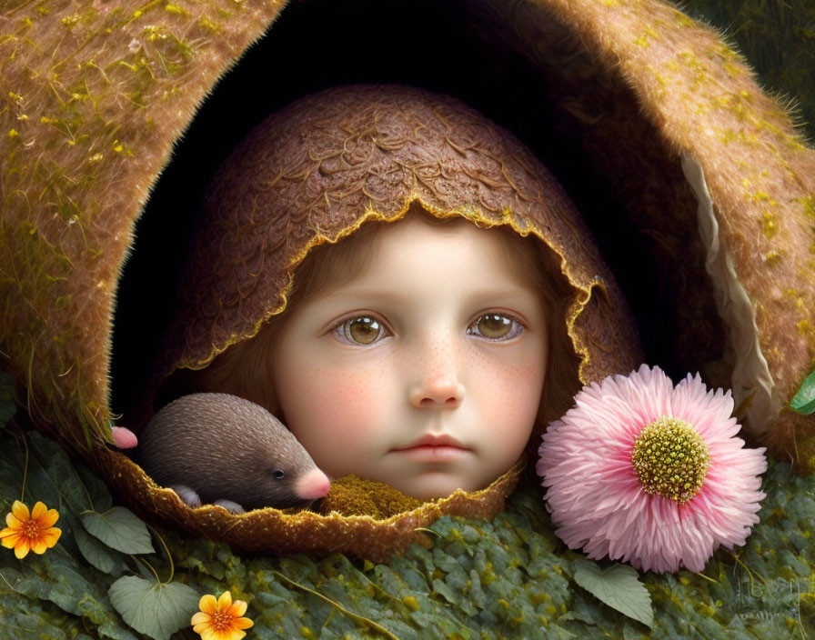 Child's face in hollow with mouse and flowers, whimsical nature scene