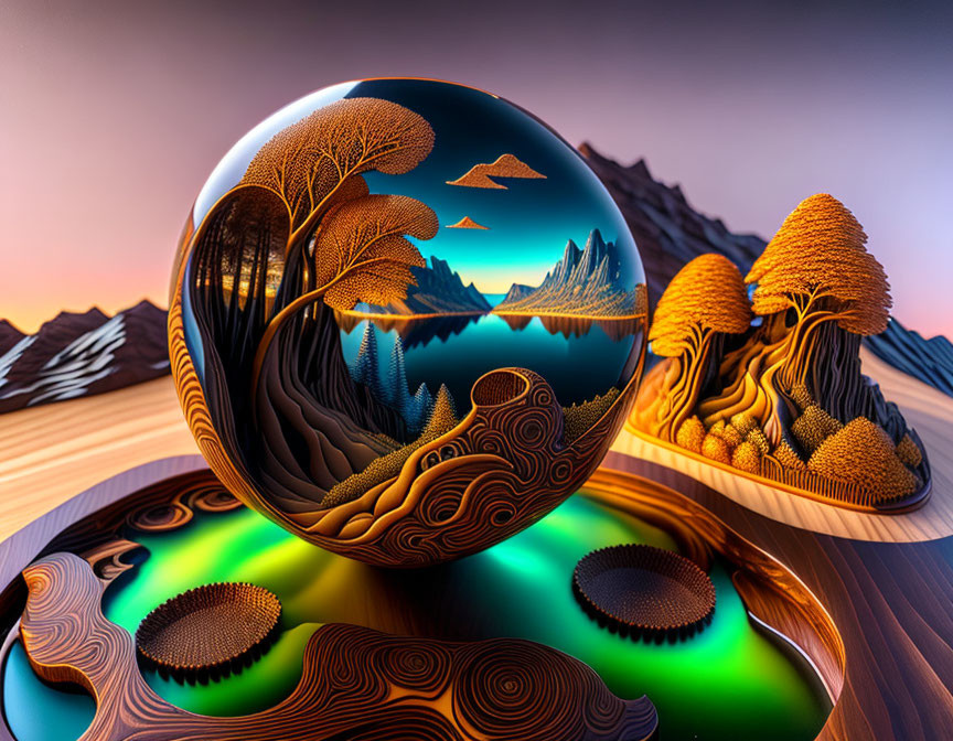 Surreal landscape with reflective sphere, tree, mountains, stylized terrain, water