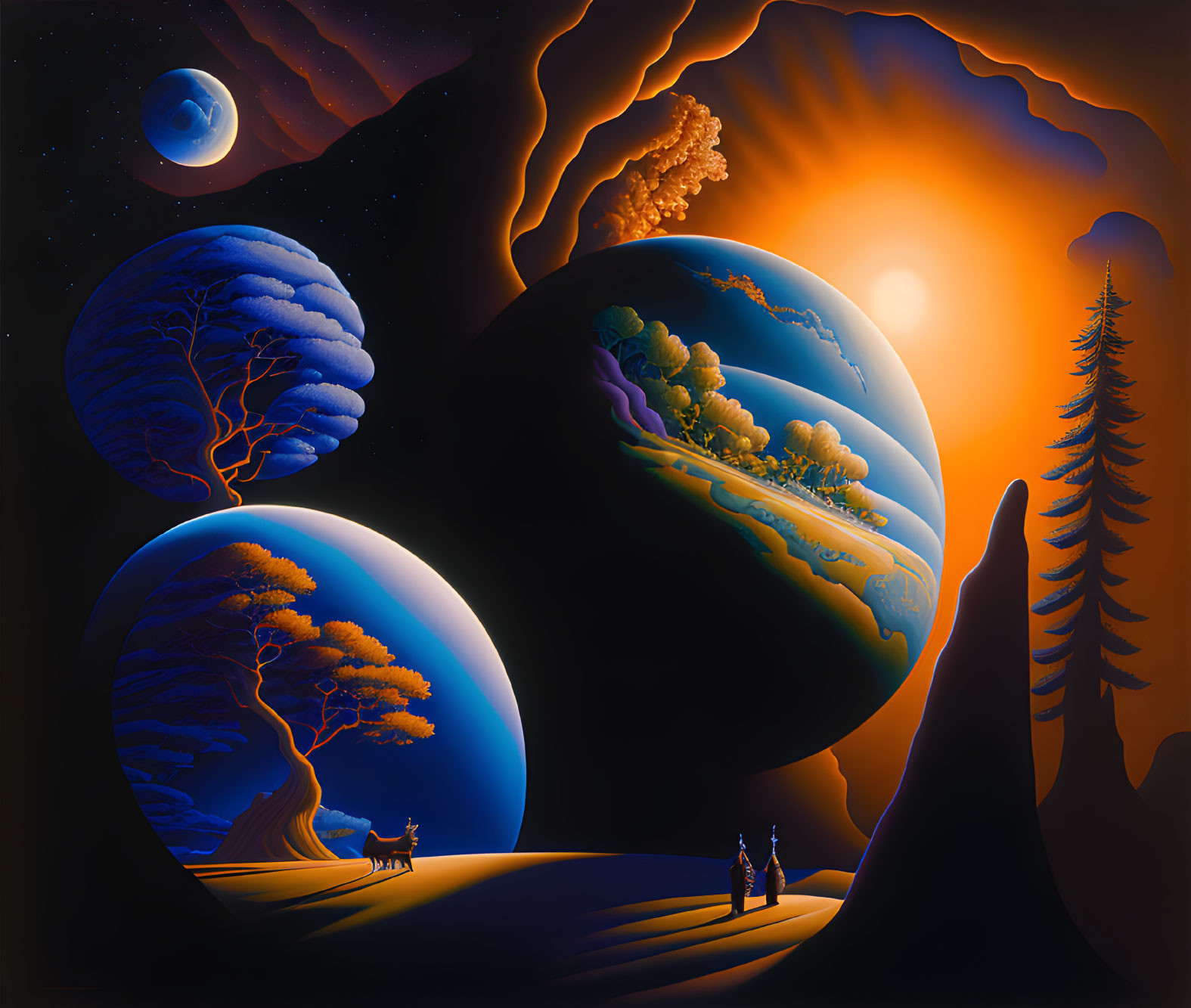 Surrealist landscape with floating globes and couple under twilight sky