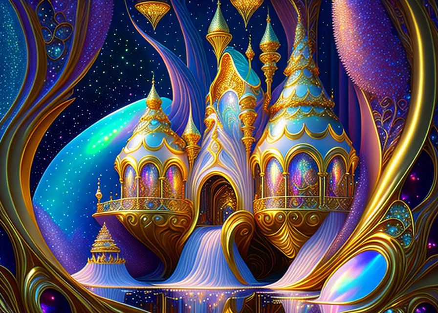 Fantastical palace with golden domes and cosmic trees under starry sky