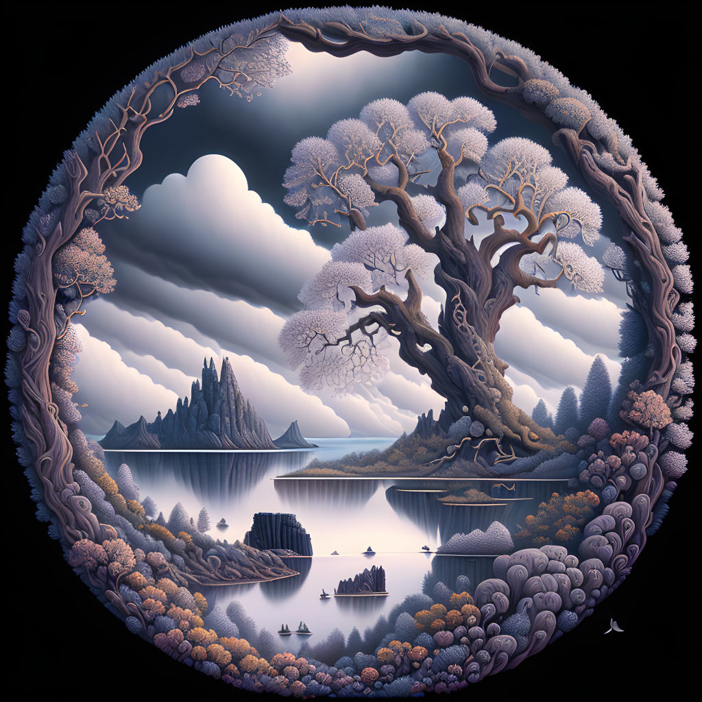 Surreal landscape artwork in circular frame with monochromatic color scheme