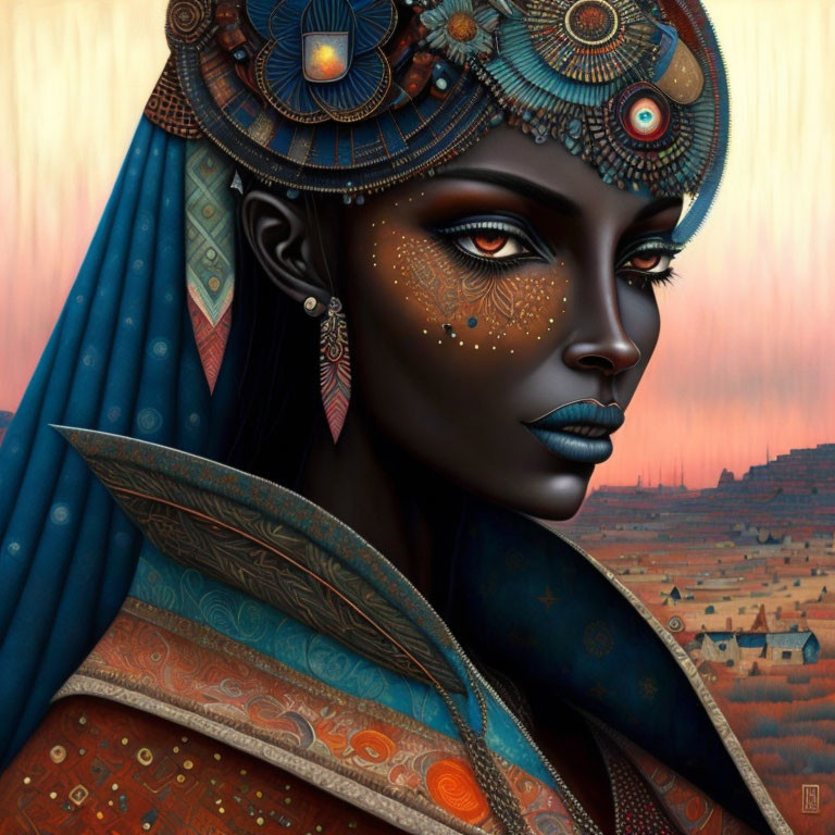 Digital artwork featuring woman with dark skin, elaborate headpiece, blue lips, traditional face paint in African