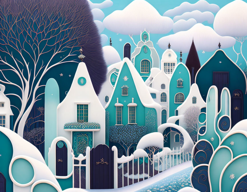 Snowy village illustration with blue houses and bare trees