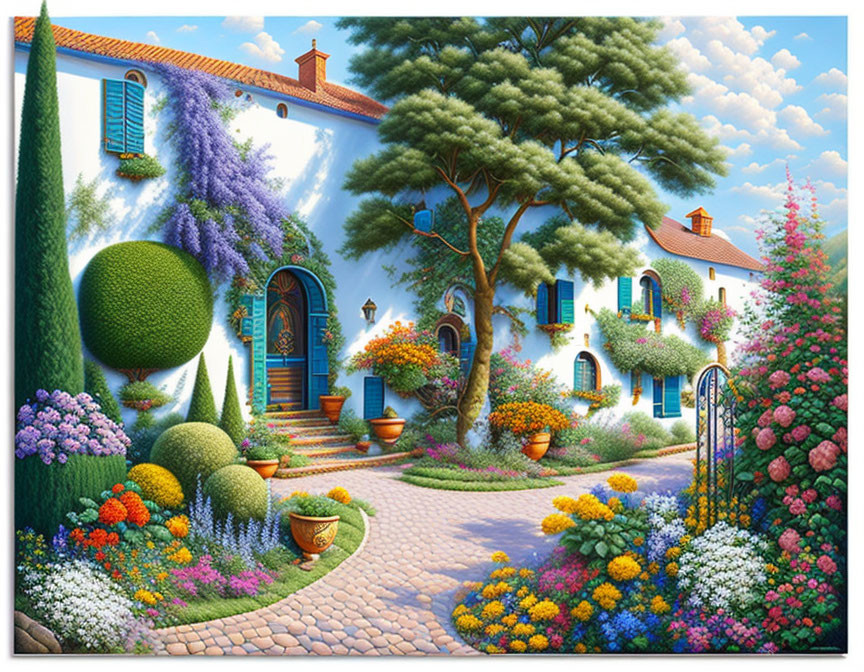 Colorful Villa Painting with Fruit and Gardens