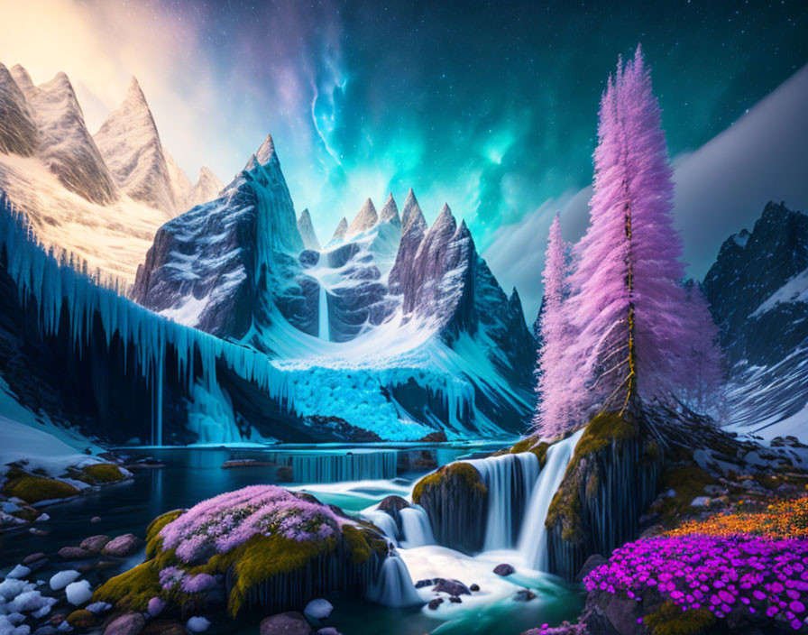 Majestic landscape with waterfall, pink flora, mountains, and aurora