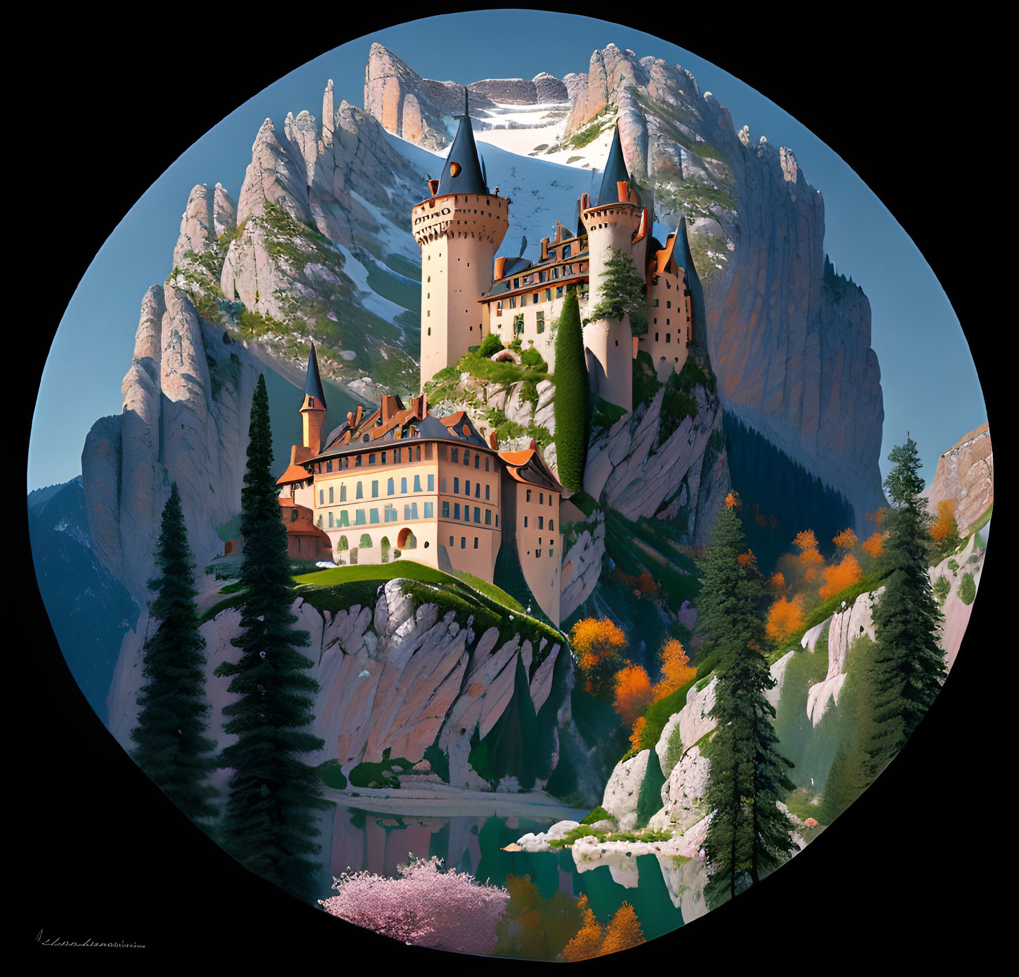 Majestic castle in fantastical mountain landscape